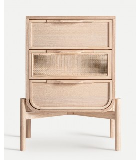 Mesita de noche en madera y ratán natural con 3 cajones. Mdmhogar1