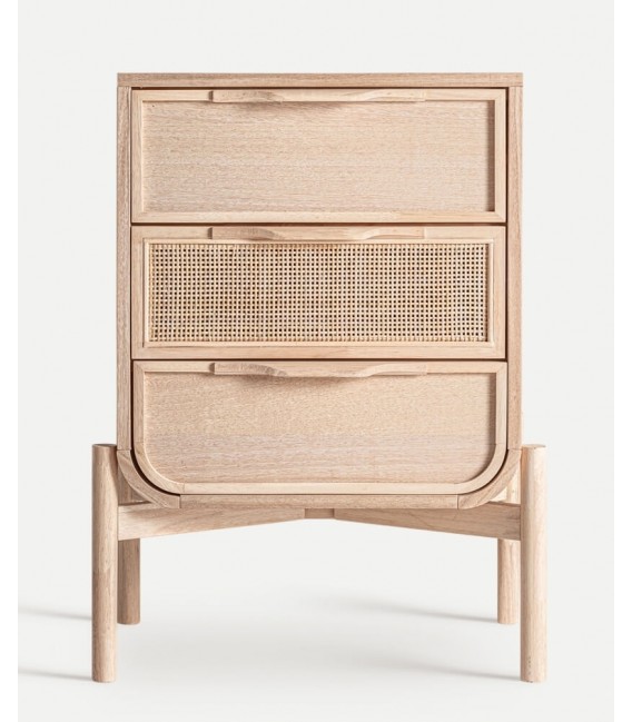 Mesita de noche en madera y ratán natural con 3 cajones. Mdmhogar1