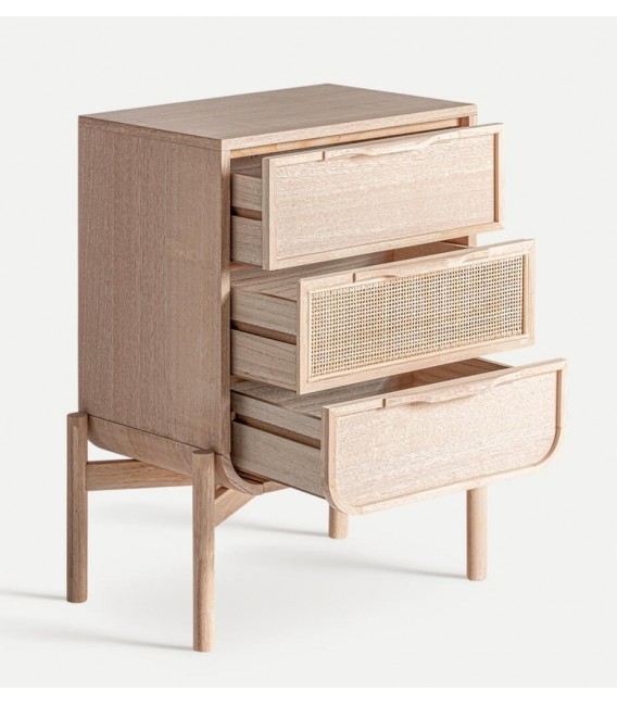 Mesita de noche en madera y ratán natural con 3 cajones. Mdmhogar2