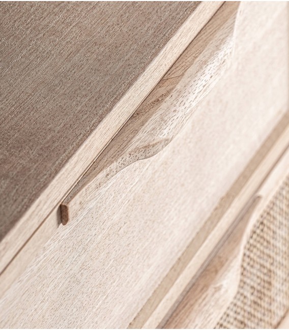 Mesita de noche en madera y ratán natural con 3 cajones. Mdmhogar3
