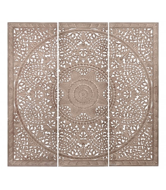 Cabecero de madera tallada natural con patina blanca. Estilo étnico. Mdmhogar