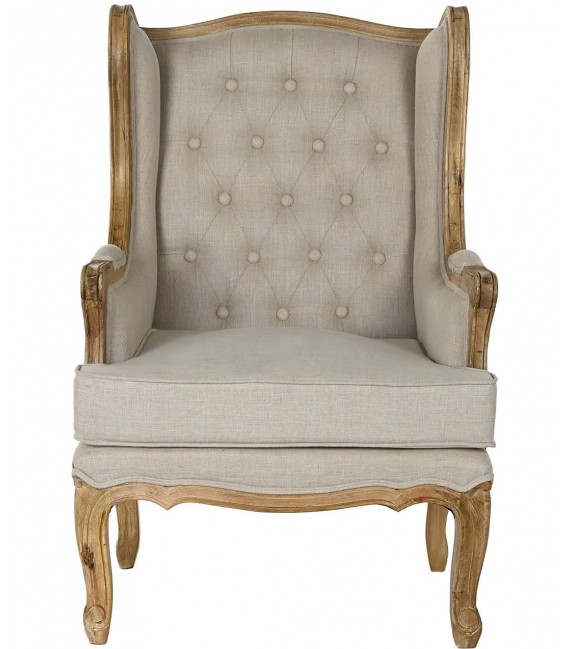Butaca de orejas en lino topo y madera natural. Estilo clásico. Mdmhogar1