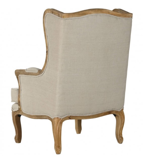 Butaca de orejas en lino topo y madera natural. Estilo clásico. Mdmhogar2
