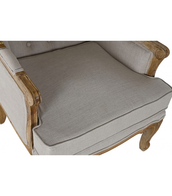 Butaca de orejas en lino topo y madera natural. Estilo clásico. Mdmhogar4