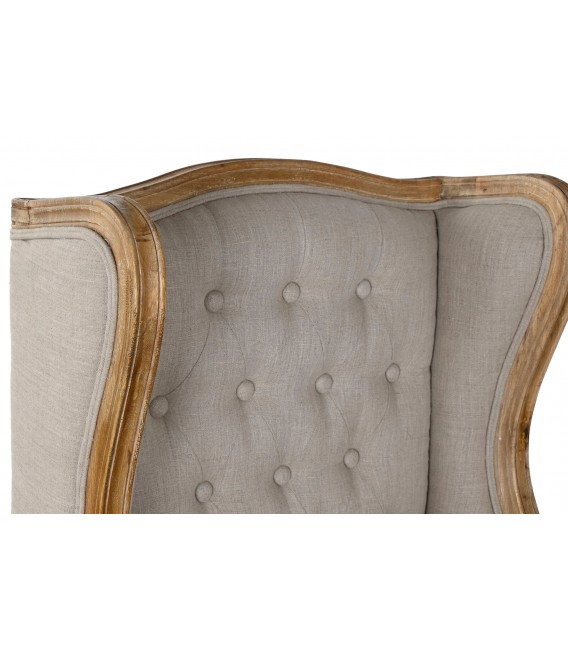 Butaca de orejas en lino topo y madera natural. Estilo clásico. Mdmhogar3