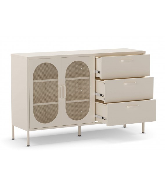 Aparador vintage de metal crema con 2 puertas y 3 cajones. Mdmhogar3