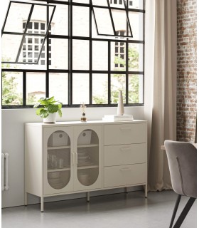 Aparador vintage de metal crema con 2 puertas y 3 cajones. Mdmhogar