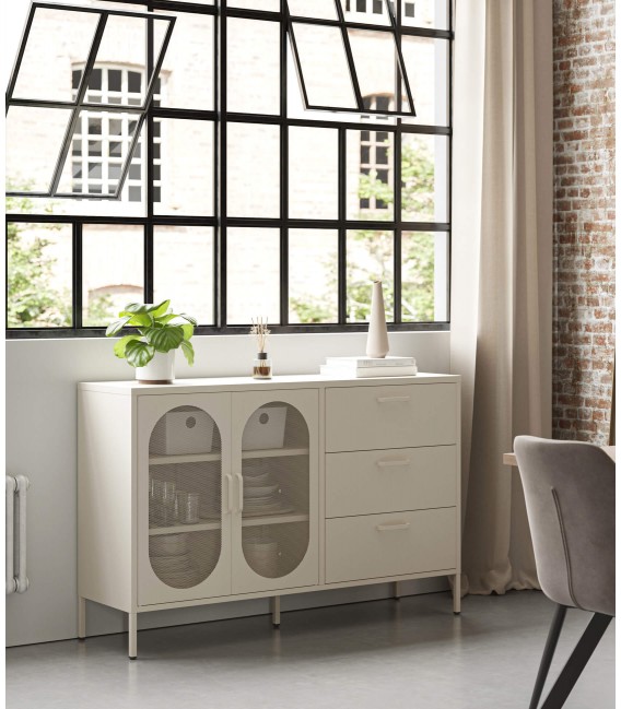 Aparador vintage de metal crema con 2 puertas y 3 cajones. Mdmhogar