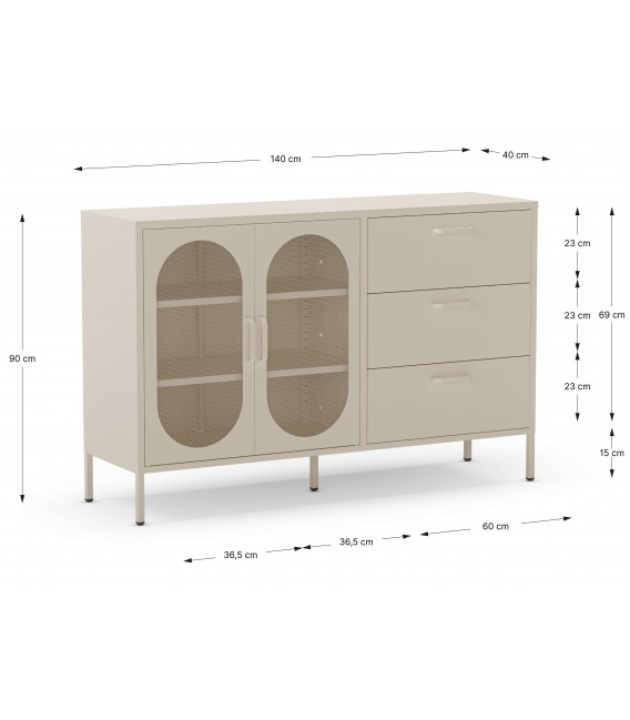 Aparador vintage de metal crema con 2 puertas y 3 cajones. Mdmhogar5