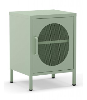 Mesita de noche vintage de metal verde con puerta en malla. Mdmhogar