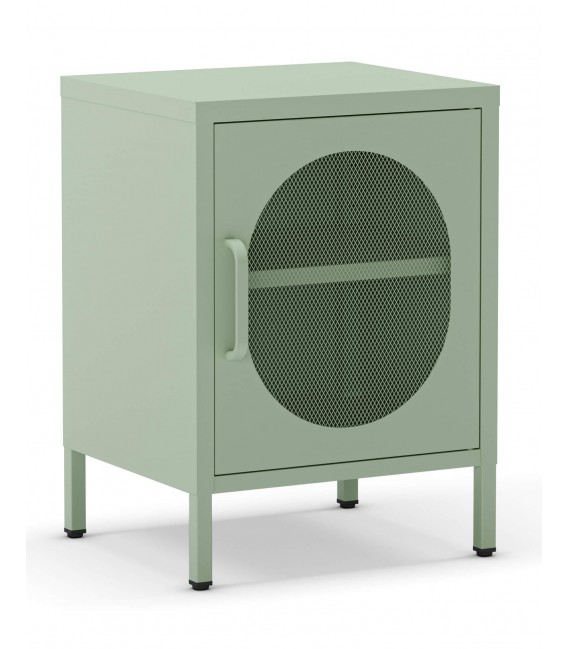 Mesita de noche vintage de metal verde con puerta en malla. Mdmhogar