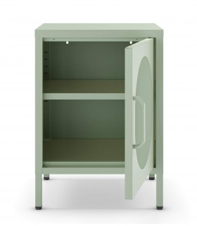 Mesita de noche vintage de metal verde con puerta en malla. Mdmhogar1