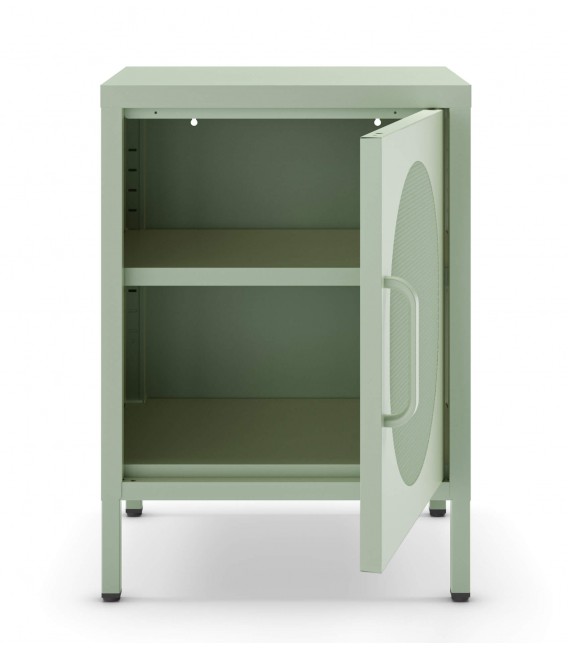 Mesita de noche vintage de metal verde con puerta en malla. Mdmhogar1