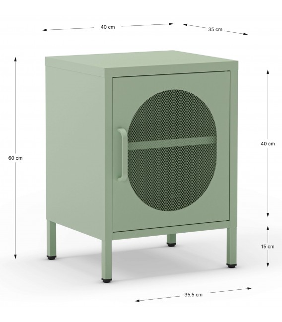 Mesita de noche vintage de metal verde con puerta en malla. Mdmhogar3