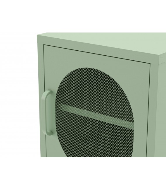 Mesita de noche vintage de metal verde con puerta en malla. Mdmhogar2