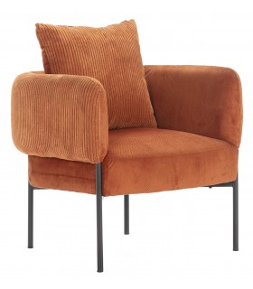Butaca moderna en pana y chenilla teja con patas de metal negro. Mdmhogar1