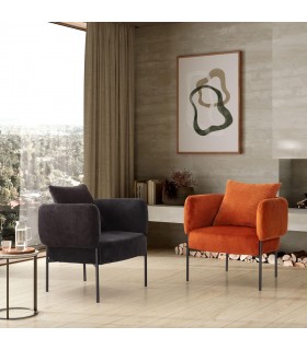 Butaca moderna en pana y chenilla negra con patas de metal negro. Mdmhogar 1