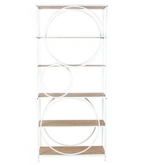 Estantería boho chic de madera natural y metal blanco con aros Mdmhogar