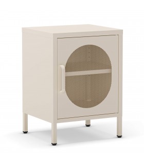 Mesita de noche vintage en metal crema con puerta de rejilla Mdmhogar1