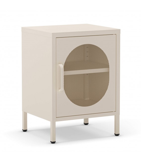 Mesita de noche vintage en metal crema con puerta de rejilla Mdmhogar1