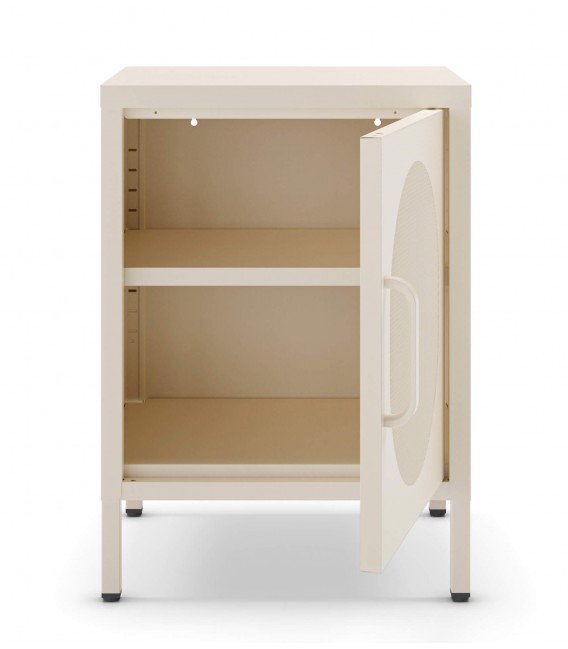 Mesita de noche vintage en metal crema con puerta de rejilla Mdmhogar3