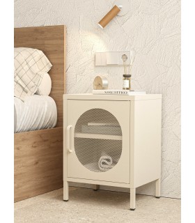 Mesita de noche vintage en metal crema con puerta de rejilla Mdmhogar
