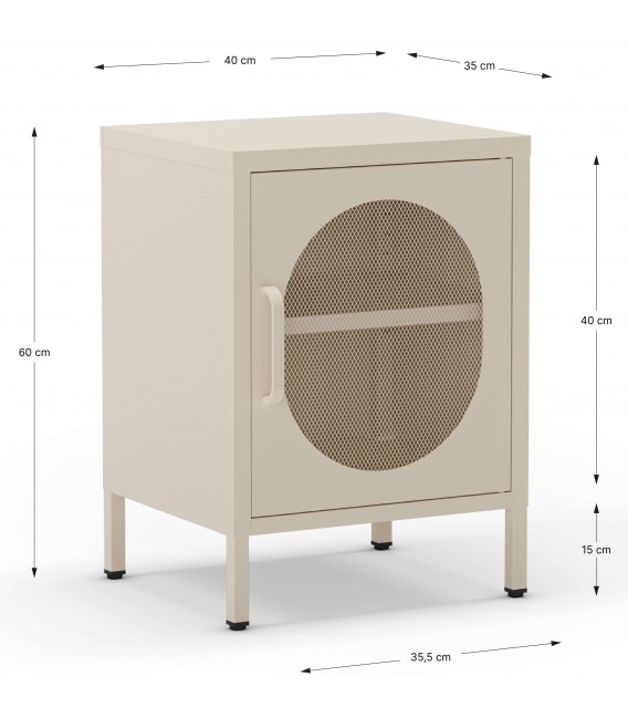 Mesita de noche vintage en metal crema con puerta de rejilla Mdmhogar5
