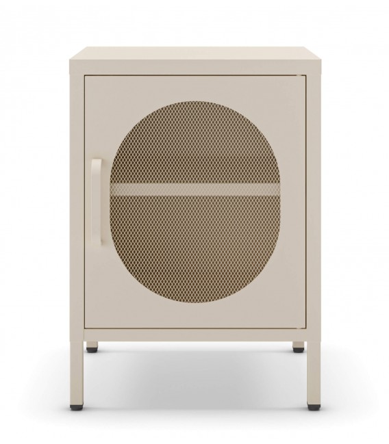 Mesita de noche vintage en metal crema con puerta de rejilla Mdmhogar2