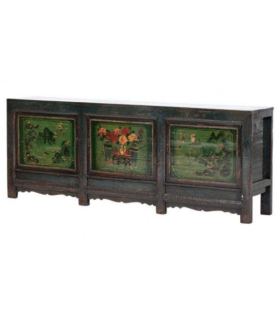 Aparador oriental antiguo decorado a mano con puertas ilustradas. Mdmhogar