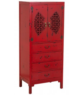 Armario alacena rojo con calados orientales y 4 cajones únicos. Mdmhogar
