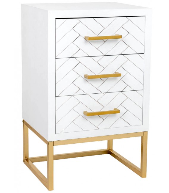 Mesita de noche blanca y dorada con tres cajones en espiga chic. Mdmhogar