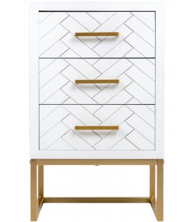 Mesita de noche blanca y dorada con tres cajones en espiga chic. Mdmhogar1