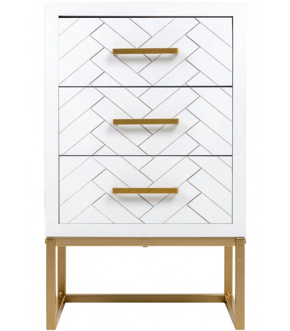 Mesita de noche blanca y dorada con tres cajones en espiga chic. Mdmhogar1