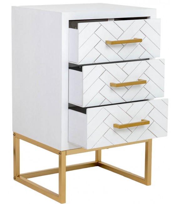 Mesita de noche blanca y dorada con tres cajones en espiga chic. Mdmhogar2