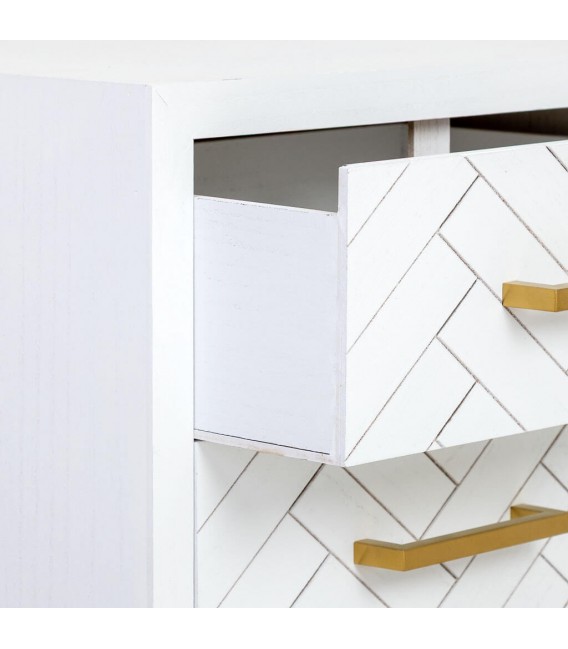 Mesita de noche blanca y dorada con tres cajones en espiga chic. Mdmhogar3