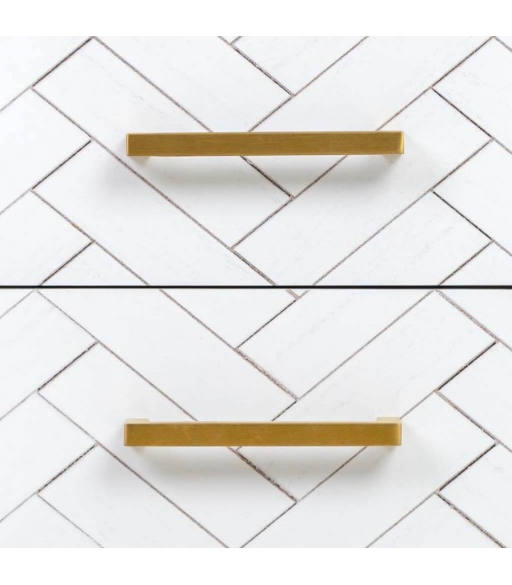 Mesita de noche blanca y dorada con tres cajones en espiga chic. Mdmhogar