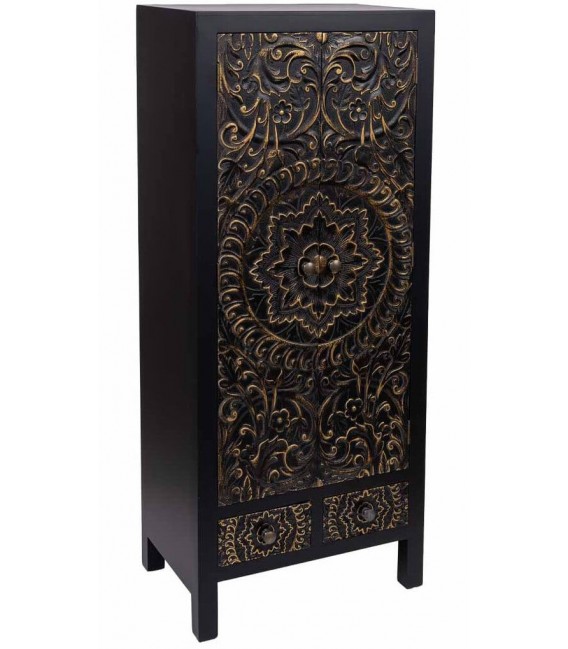 Armario alacena oriental negro y oro con talla artesanal y cajones Mdmhogar