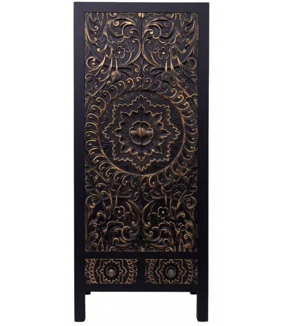 Armario alacena oriental negro y oro con talla artesanal y cajones Mdmhogar1