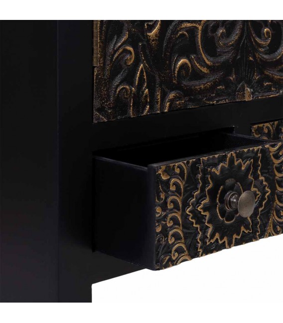 Armario alacena oriental negro y oro con talla artesanal y cajones Mdmhogar5