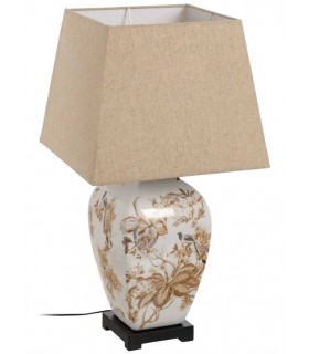 Lámpara oriental de sobremesa en porcelana decorada y pantalla beige Mdmhogar