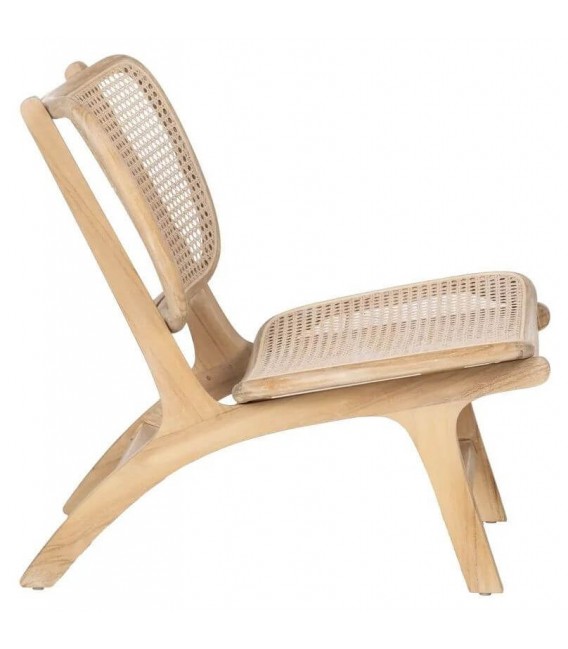 Butaca colonial baja de teca maciza y ratán natural trenzado a mano