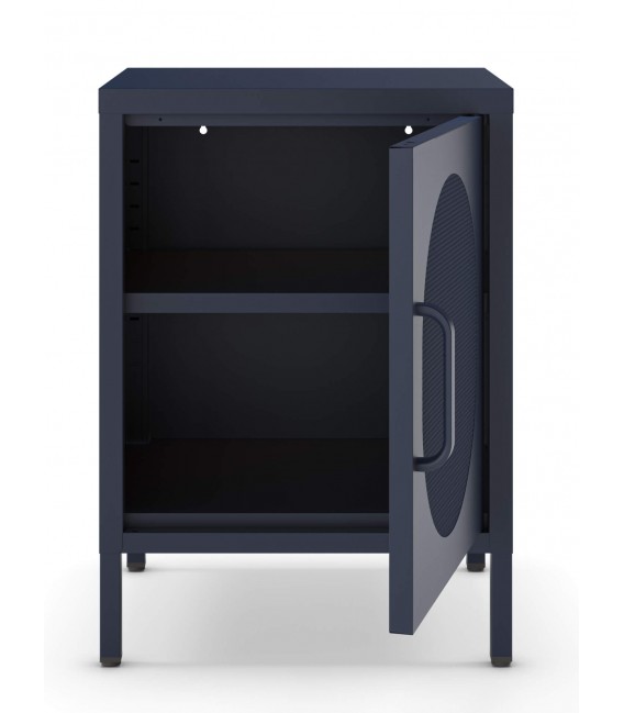 Mesita de noche vintage en metal azul con puerta de malla metálica 1