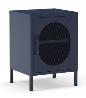 Mesita de noche vintage en metal azul con puerta de malla metálica Mdmhogar