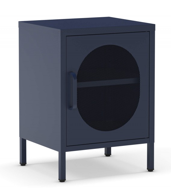 Mesita de noche vintage en metal azul con puerta de malla metálica Mdmhogar