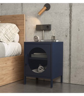 Mesita de noche vintage en metal azul con puerta de malla metálica