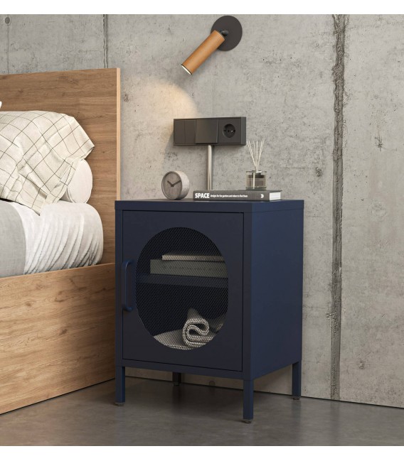 Mesita de noche vintage en metal azul con puerta de malla metálica