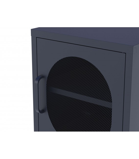 Mesita de noche vintage en metal azul con puerta de malla metálica 2