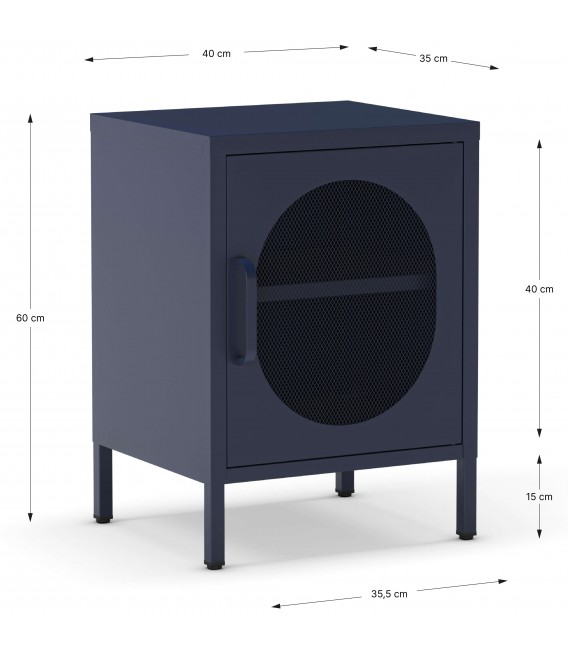 Mesita de noche vintage en metal azul con puerta de malla metálica 3