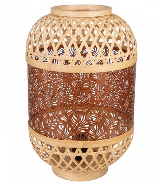 Lámpara oriental en bambú y metal, luz cálida con diseño artesanal.1