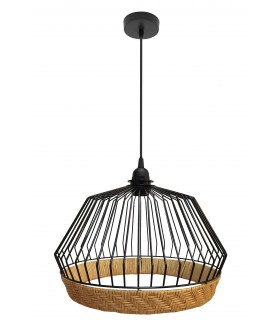 Lámpara de techo boho en metal negro y base de ratán natural. Mdmhogar